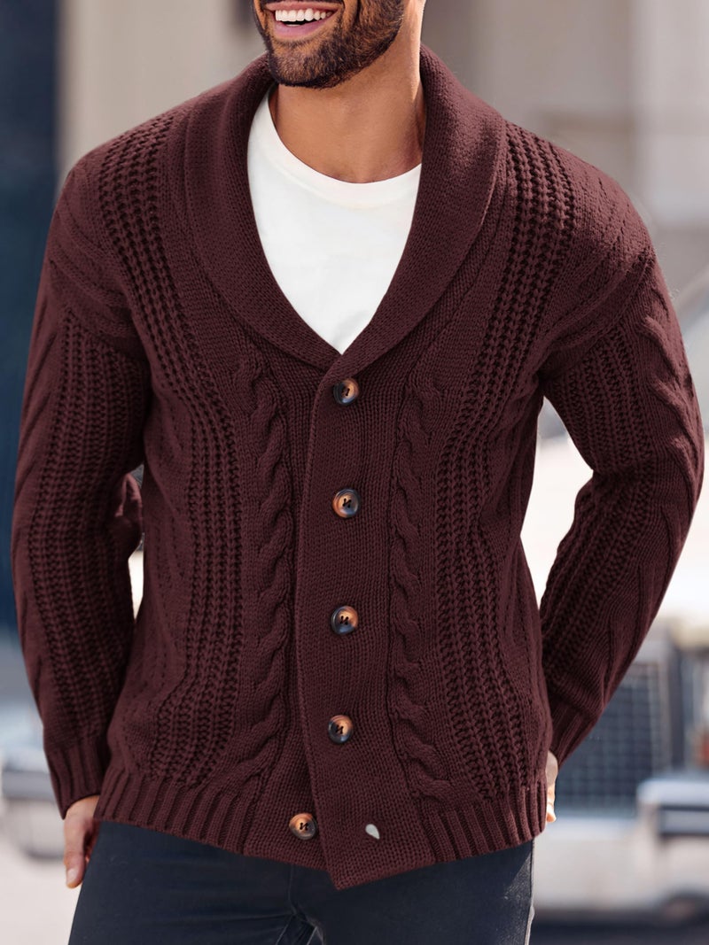 Karlywindow Mens Cable Knit Cardigan Sweater Shawl Collar Loose Fit Long Sleeve Casual Cardigans Burgundy - Image 2
